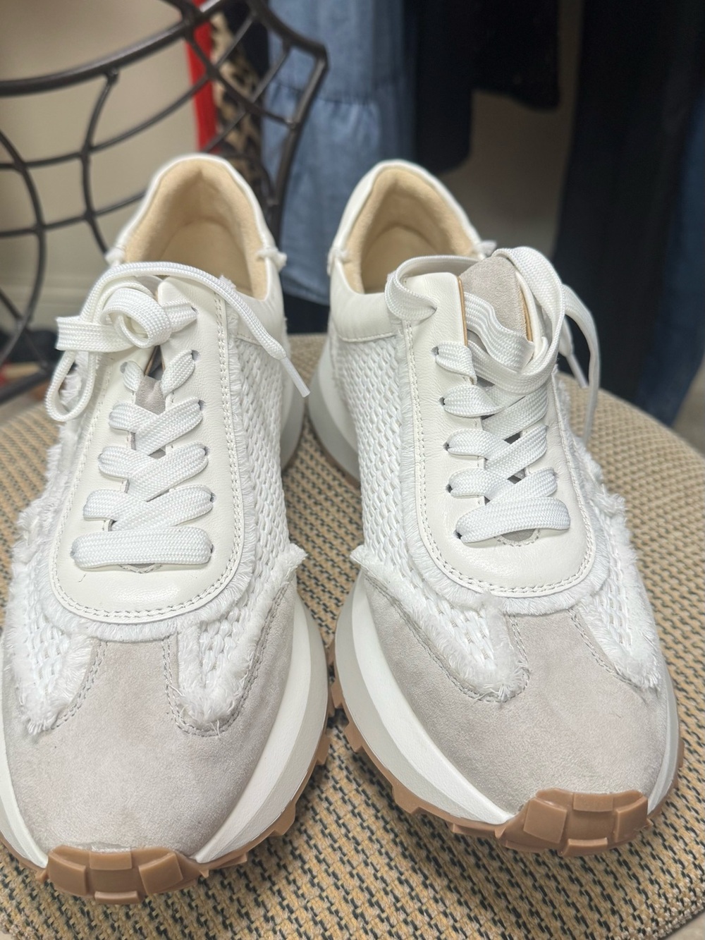 Vaneli White and Beige Knit & Suede Lace-Up Sneakers